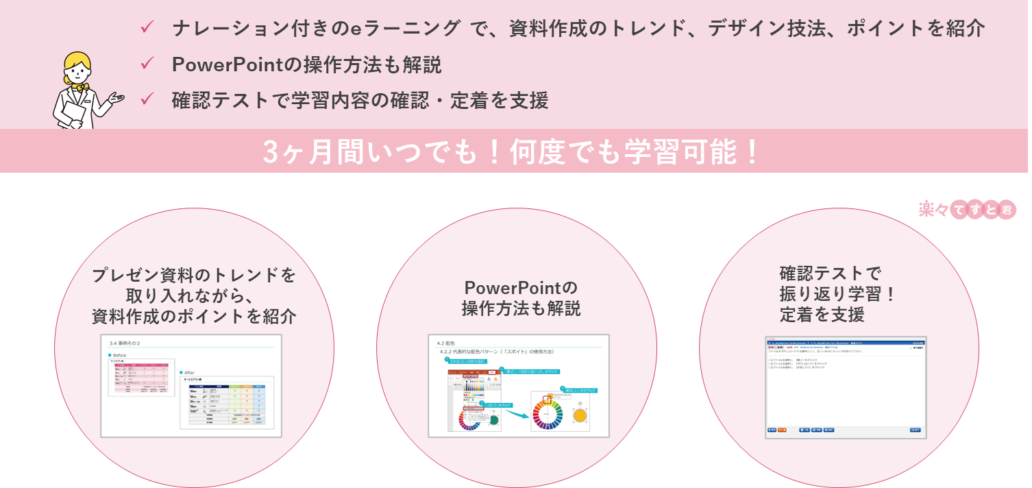 ・ナレーション付きのeラーニングで、資料作成のトレンド、デザイン技法、ポイントを紹介 ・PowerPointの操作方法も解説 ・確認テストで学習内容の確認／定着を支援 3か月間いつでも！何度でも！学習可能！